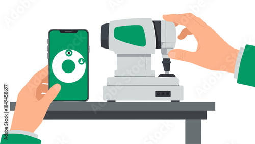 A hand holding a smartphone with a green screen next to a microscope on a table