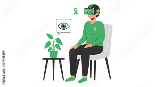 A person wearing virtual reality headset sitting on a chair with a plant nearby, representing modern telehealth technology in a serene environment.