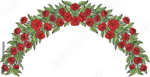Digital illustration of a vibrant floral archway with lush green leaves and bright red roses on a plain white background.