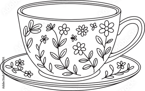 floral teacup and saucer outline drawing with transparent background for creative projects