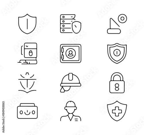 Simple outline security icons including shield safe lock server helmet and many more elements