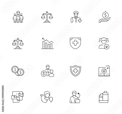 Set of simple outline social justice and finance icons including balance medical cross people