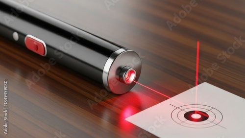 Modern black laser pointer emitting vibrant red light onto a bullseye target on a rich wooden
