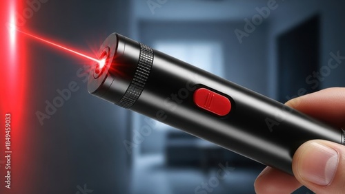Person aiming a high-tech black laser pointer emitting a bright red beam in a dimmed interior