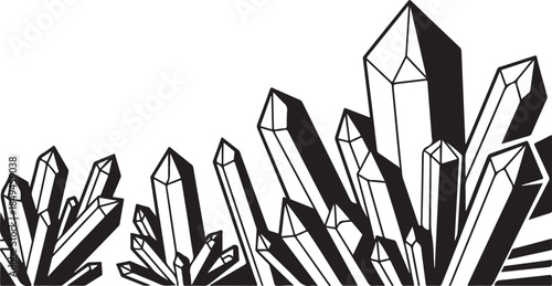 Black silhouette of abstract geometric crystals or gemstones on transparent background, vector illustration