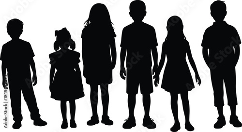 WebSilhouettes of a diverse group of six happy children standing together, boys and girls friends in a row, concept of childhood and growing up
