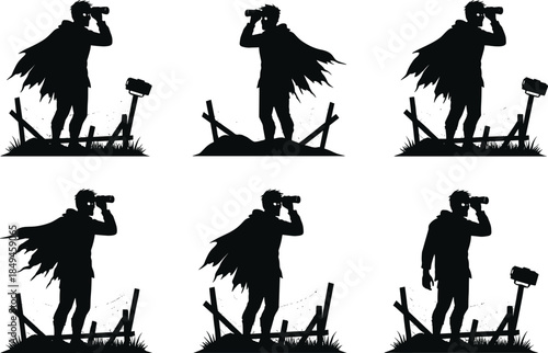 six different style illustration and white background depicting explorer with torn cape using binoculars, standing near fence post, searching horizon, adventure silhouette vector