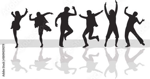 WebSilhouettes of a diverse, energetic group of six people captured mid-dance, showcasing joy, youthful movement, and dynamic reflections on a polished surface