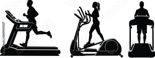 Silhouettes of diverse individuals exercising on modern cardio equipment—treadmills and elliptical machines—representing fitness, healthy lifestyle, gym workout, and endurance training concepts.