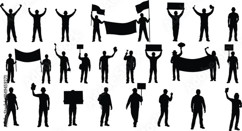 Silhouettes of diverse protestors and activists holding banners, flags, and signs, representing themes of demonstration, rally, political movement, and freedom of expression.
