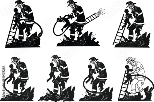 six different style illustration and white background depicting firefighter saving child with hose and ladder, emergency rescue hero action, bravery and safety vector