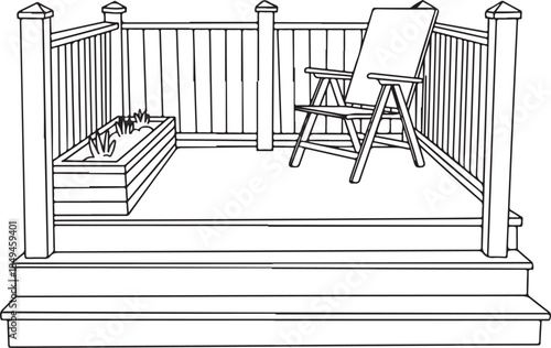 Sketch drawing of wooden deck with chairs planter and stairs isolated on transparent background vector