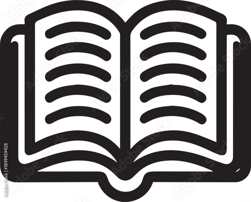 A simple black and white line drawing of an open book with visible pages and lines representing text.