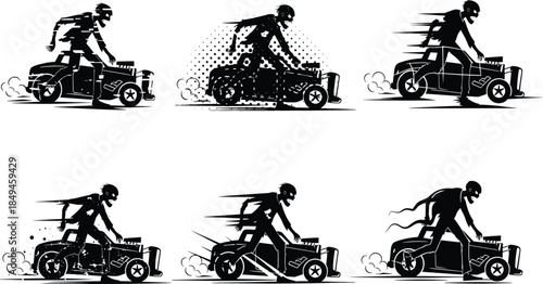 six different style illustration and white background depicting skeleton driver speeding vintage hot rod car, motion lines, racing energy, dark humor, gothic automotive vector