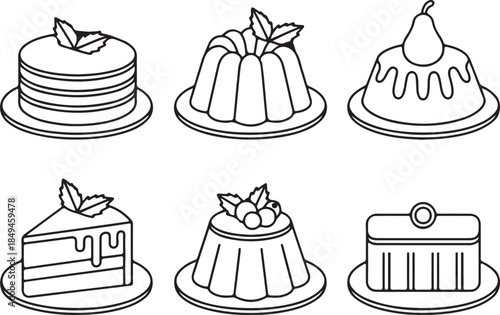 Delicious dessert cakes and puddings in various shapes, decorated with mint leaves, berries, and a pear