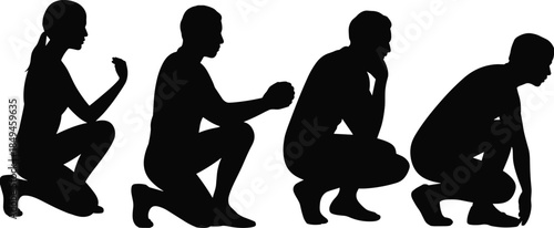 WebSilhouettes of four people kneeling, crouching, and sitting in various poses, suggesting focus, contemplation, searching, or resting in a minimalist setting