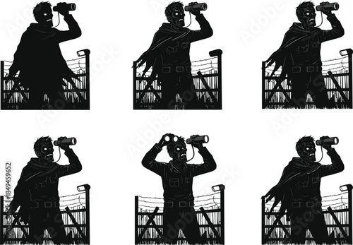 six different style illustration and white background depicting zombie silhouette with binoculars behind barbed wire fence, creepy undead guard watching night, horror surveillance vector art