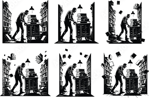 six different style illustration and white background featuring zombie librarian organizing books in dark library, eerie horror atmosphere, spooky undead worker concept vector design