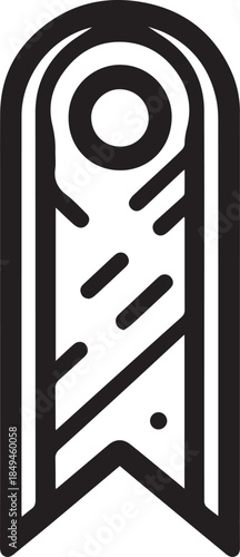 A stylized black and white outline icon representing a door hanger or a tag with a circular top and a pointed bottom.