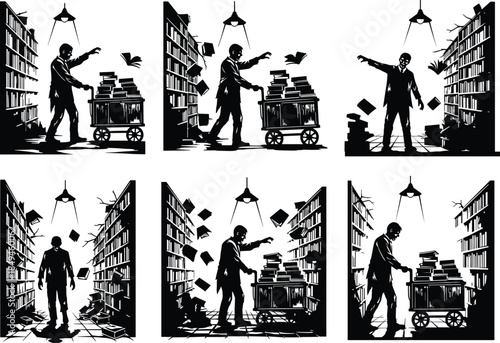 six different style illustration and white background showing zombie librarian with books in eerie library, horror undead worker concept, dark spooky vector design