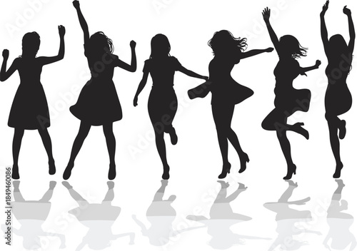 Six energetic female silhouettes in dresses dancing and celebrating with arms raised, cast in dynamic poses with a clean white floor reflection, perfect for party and music vectors.