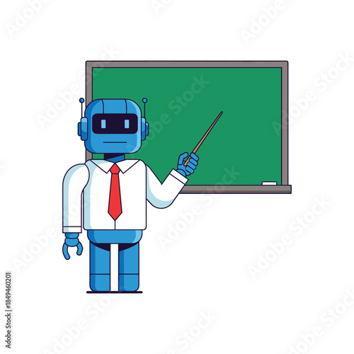 Friendly AI robot teacher wearing a shirt and tie, pointing to a chalkboard. Ideal for education, technology, and learning presentations