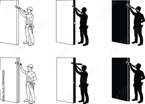 Six different style illustration of construction worker checking vertical level on door edge, black silhouette carpenter using spirit level, vector design art