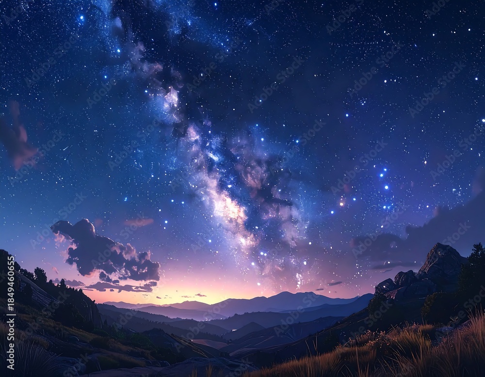 Naklejka premium Beautiful nightscape featuring a galaxy, mountains, and twilight sky