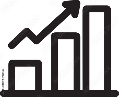 A simple black line icon illustrating a bar chart with three progressively taller bars and an upward-pointing arrow, symbolizing business growth, financial progress, and positive market trends.