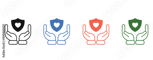 Hands holding shield with heart symbol, representing love, care, protection, and security, vector illustration for healthcare, charity, wellness, insurance, digital applications, and modern safety con