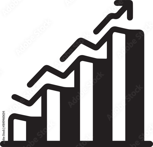 A black and white graphic illustration of a bar chart with an upward trending line graph superimposed.