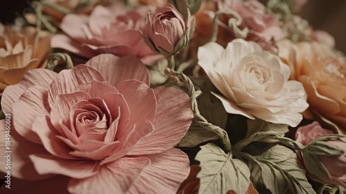 Close-up of a beautifully handcrafted paper flower bouquet in warm, soft hues