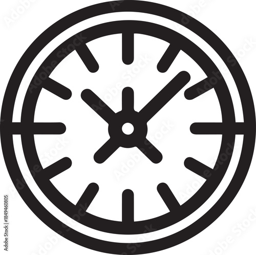 A simple black and white line art icon of a round wall clock with hands indicating time.
