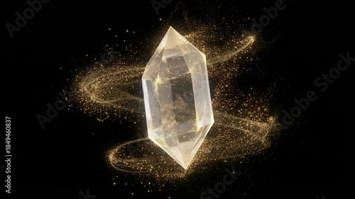 A clear faceted quartz crystal levitates against a black background, surrounded by swirling golden glitter particles and light effects