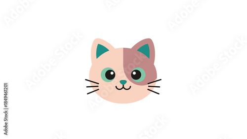 A charming cartoon illustration of a cat's face with big blue eyes, a pink nose, and whiskers on a white background