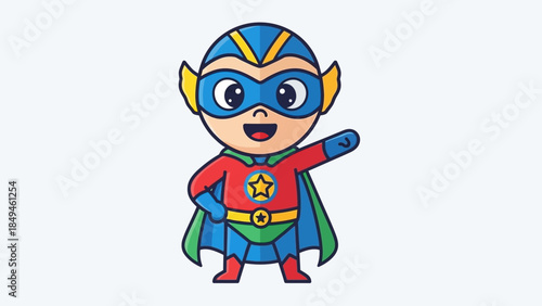 Cute cartoon superhero waving happily, ready to save the day with a confident smile