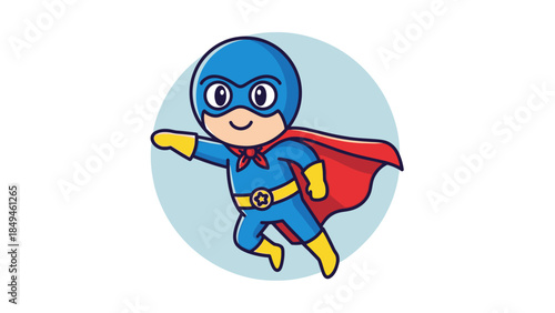 Cute blue superhero with red cape flying in the sky, a brave character ready for action