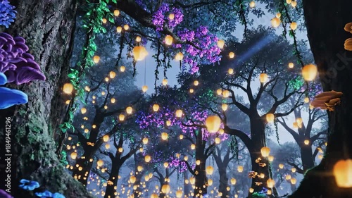 Ethereal fantasy forest scene illuminated by countless floating lanterns and luminous plants