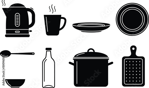 Collection of Kitchenware Kettle, Cup, Plates, Spoon, Bottle, Pot, Bowl, Cutting Board