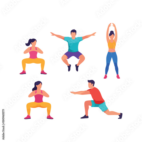 fitness, workout, exercise, people, gym, training, healthy, lifestyle, activity, sport, stretching, squats, jumping, lunges, athletes, man, woman, group, cardio, bodyweight, physical, wellness, motiva