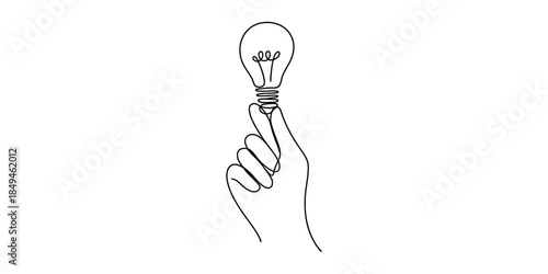 Continuous line art drawing of a hand holding a light bulb, symbolizing a new idea or inspiration Vector, illustration