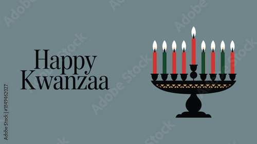 Happy Kwanzaa greeting card poster, featuring traditional Kinara candles, festive greeting text, minimalist vector illustration, modern yet traditional design, cultural celebration artwork