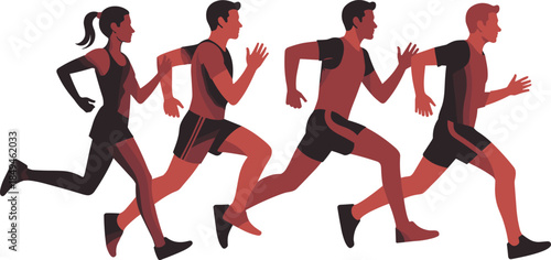WebStylized layered illustration of four diverse male and female runners in dynamic motion, showcasing speed, marathon training, competitive spirit, and fast movement