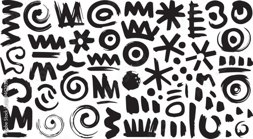 Abstract Brushstroke Symbol Set – Spirals, Zigzags, Stars, Circles, and Waves for Expressive Design and Texture