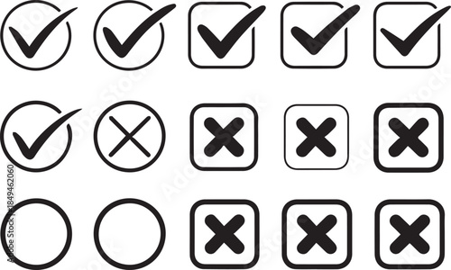 Check & X Mark Icon Set – 15 Selection Symbols in Circles and Squares for UI, Forms, and Feedback Design