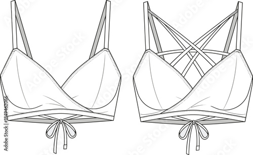 Vector technical illustration of women's wrap bralette or bikini top, showing front and strappy back views, fashion flat sketch template isolated on white.