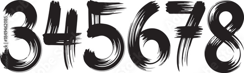 Brushstroke Number Set – Artistic Black Numerals 3 to 8 with Dynamic Texture for Creative Typography