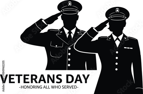 Veterans Day vector illustration featuring male and female military personnel in uniform saluting, honoring service members, patriotic celebration, respect, and memorial holiday graphic design.