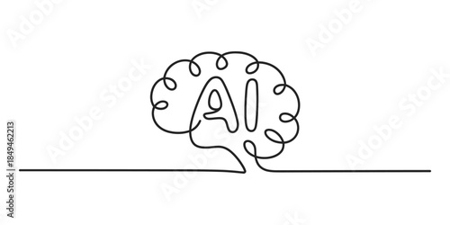 A single line drawing illustrating a brain with 'ai' inside, symbolizing artificial intelligence and continuous thought Vector, illustration