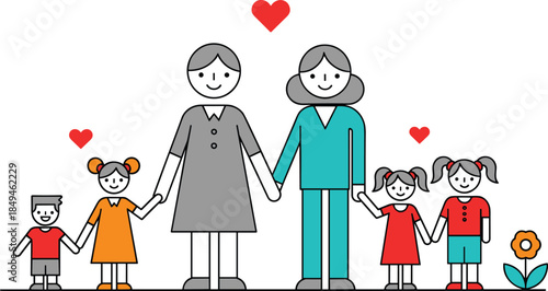 two women holding hands with four happy children, with hearts overhead, symbolizing generational bonds and female support.